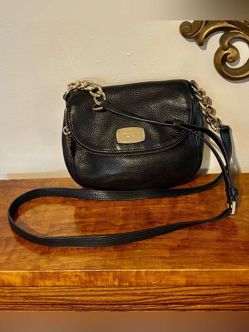 Michael Kors Bedford Black Pebbled Leather Crossbody with Gold Chain Trim